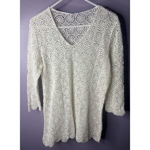 J McLaughlin White Crochet Lace Tunic Top V Neck XL Boho Cottagecore